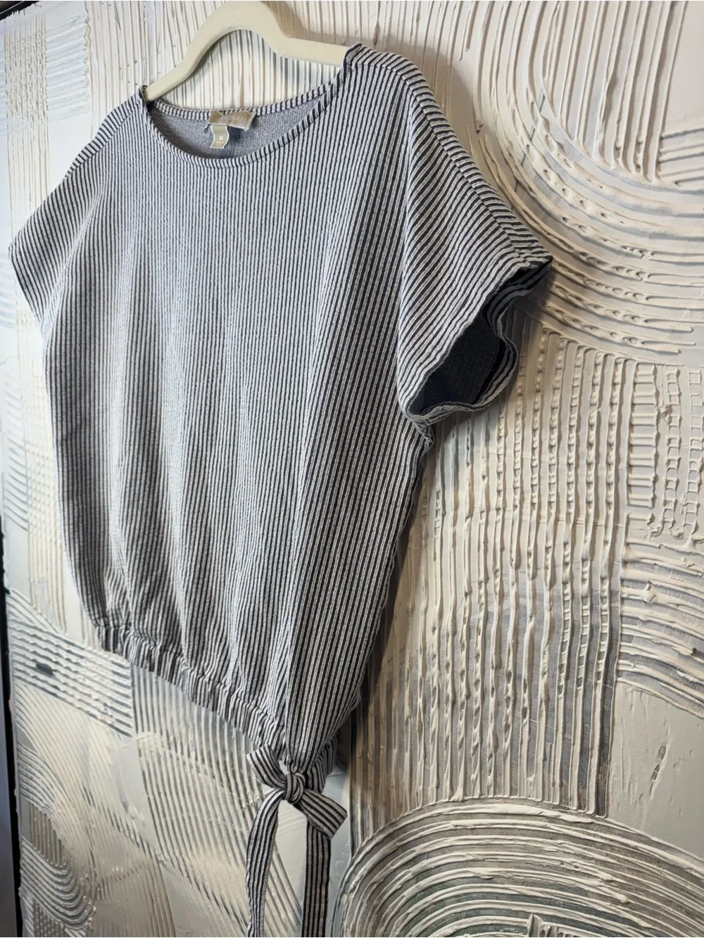 Michael Kors Blue and White Striped Tie-Hem Short Sleeve Top